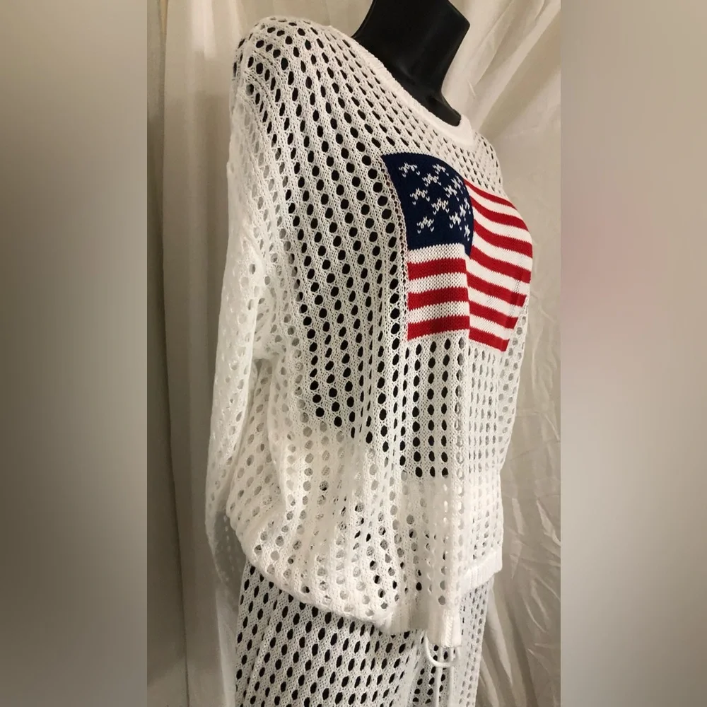 White 2pc American flag crochet mesh sweater & shorts coverup set size large new